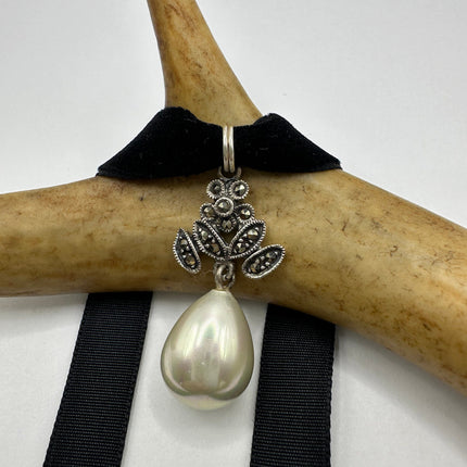 Vintage Gemstone Pendant Choker Necklace | White Pearl Marcasite Birthstone Crystal Pendant 925 Sterling Silver Ribbon Choker Necklace