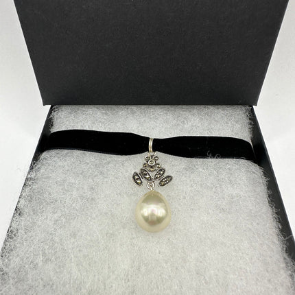 Vintage Gemstone Pendant Choker Necklace | White Pearl Marcasite Birthstone Crystal Pendant 925 Sterling Silver Ribbon Choker Necklace