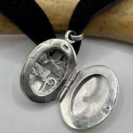 Vintage Silver Locket | Large Oval Photo Pendant Etched Cross Design | 925 Sterling Silver | Holds Small Photo Memory Velvet Choker Necklace