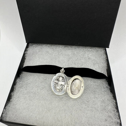 Vintage Silver Locket | Large Oval Photo Pendant Etched Cross Design | 925 Sterling Silver | Holds Small Photo Memory Velvet Choker Necklace