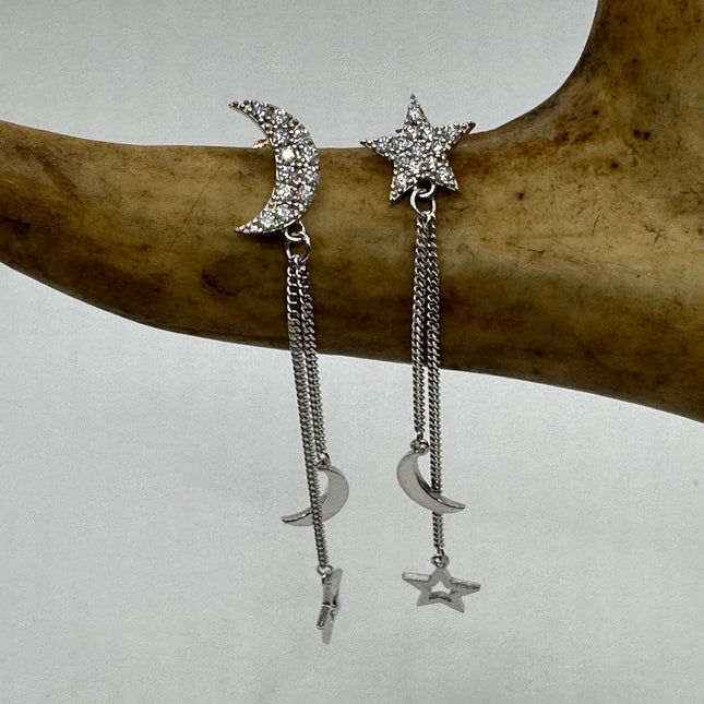 Vintage Silver Earrings | Moon and Star Dangle Deco 925 Sterling Silver Earrings