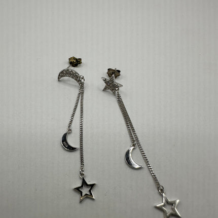 Vintage Silver Earrings | Moon and Star Dangle Deco 925 Sterling Silver Earrings