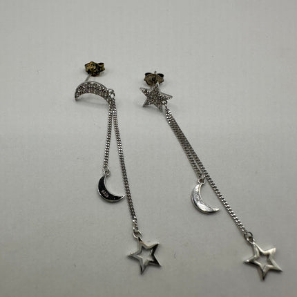 Vintage Silver Earrings | Moon and Star Dangle Deco 925 Sterling Silver Earrings