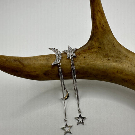 Vintage Silver Earrings | Moon and Star Dangle Deco 925 Sterling Silver Earrings