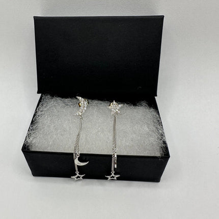 Vintage Silver Earrings | Moon and Star Dangle Deco 925 Sterling Silver Earrings