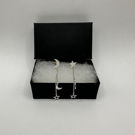 Vintage Silver Earrings | Moon and Star Dangle Deco 925 Sterling Silver Earrings