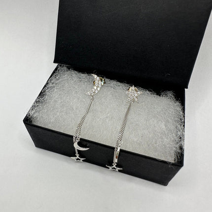 Vintage Silver Earrings | Moon and Star Dangle Deco 925 Sterling Silver Earrings