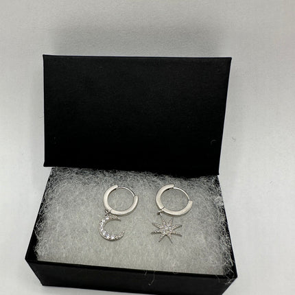 Vintage Silver Earrings | Moon and Star Dangle Deco 925 Sterling Silver Earrings