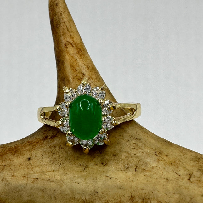 Vintage Gold Jade Ring | Green Gemstone Clear Crystal Diamond Lucky Jade | Golden Bronze Cocktail Ring