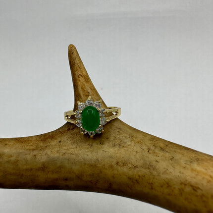 Vintage Gold Jade Ring | Green Gemstone Clear Crystal Diamond Lucky Jade | Golden Bronze Cocktail Ring
