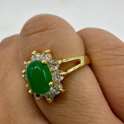 Vintage Gold Jade Ring | Green Gemstone Clear Crystal Diamond Lucky Jade | Golden Bronze Cocktail Ring