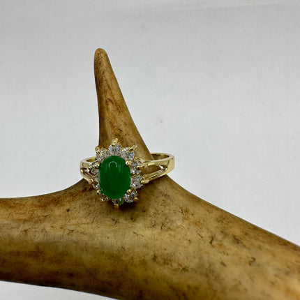 Vintage Gold Jade Ring | Green Gemstone Clear Crystal Diamond Lucky Jade | Golden Bronze Cocktail Ring