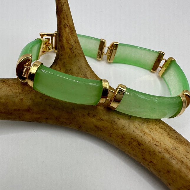 Vintage Gold Jade Bracelet | Green Aventurine Fun Jade Gemstone Lucky Bar Link | Golden Bronze Stackable Bracelet For Him or Her