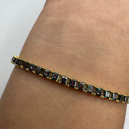 Vintage Gold Tennis Bracelet | Mystic Blue Topaz Gemstone Dainty Box Chain | Golden 925 Sterling Silver Everyday Wedding | Something Blue