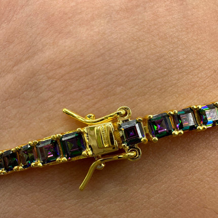 Vintage Gold Tennis Bracelet | Mystic Blue Topaz Gemstone Dainty Box Chain | Golden 925 Sterling Silver Everyday Wedding | Something Blue