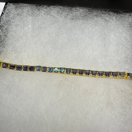 Vintage Gold Tennis Bracelet | Mystic Blue Topaz Gemstone Dainty Box Chain | Golden 925 Sterling Silver Everyday Wedding | Something Blue