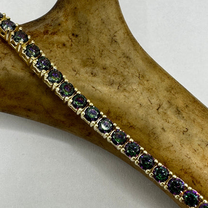 Vintage Gold Tennis Bracelet | Mystic Blue Topaz Gemstone Tiny Crystal Birthstone Golden 925 Sterling Silver Bracelet | Something Blue