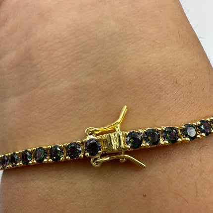 Vintage Gold Tennis Bracelet | Mystic Blue Topaz Gemstone Tiny Crystal Birthstone Golden 925 Sterling Silver Bracelet | Something Blue