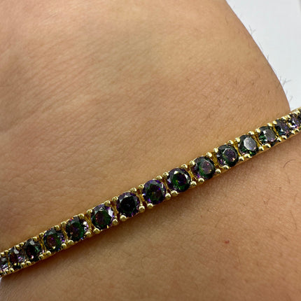 Vintage Gold Tennis Bracelet | Mystic Blue Topaz Gemstone Tiny Crystal Birthstone Golden 925 Sterling Silver Bracelet | Something Blue