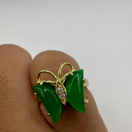 Vintage Gold Green Jade Butterfly Lucky Cocktail Ring