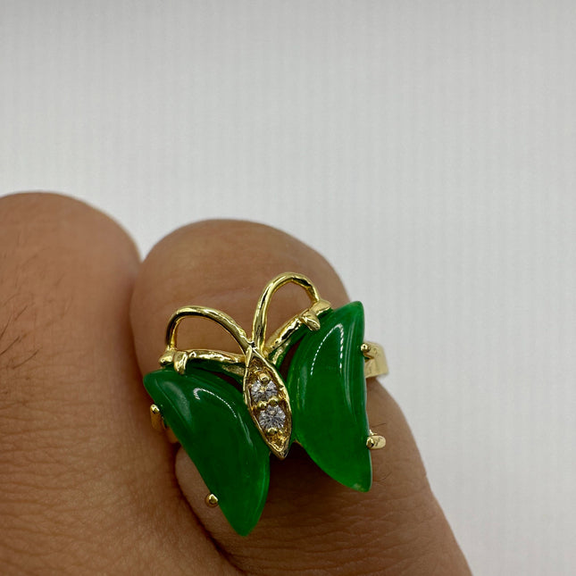 Vintage Gold Green Jade Butterfly Lucky Cocktail Ring