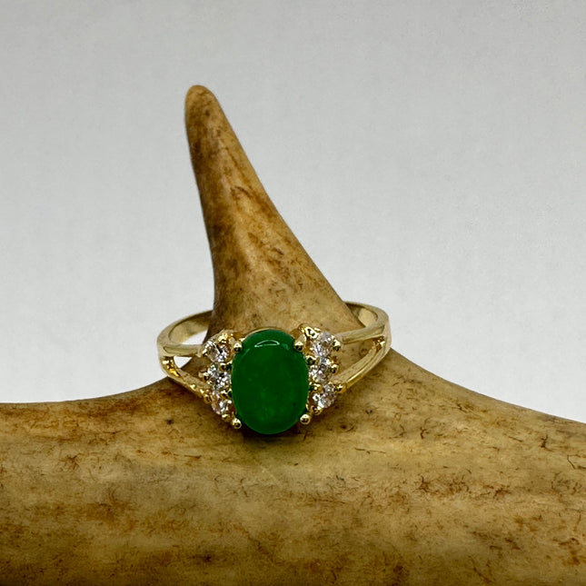 Vintage Gold Jade Ring | Small Emerald Green Fun Jade Lucky Gemstone Clear Crystal Diamond | Bronze Setting Wedding Cocktail Statement Ring