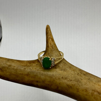 Vintage Gold Jade Ring | Small Emerald Green Fun Jade Lucky Gemstone Clear Crystal Diamond | Bronze Setting Wedding Cocktail Statement Ring