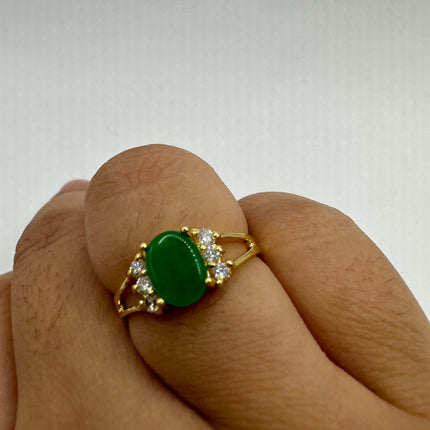 Vintage Gold Jade Ring | Small Emerald Green Fun Jade Lucky Gemstone Clear Crystal Diamond | Bronze Setting Wedding Cocktail Statement Ring