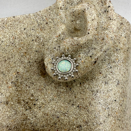 Vintage Silver Earrings | White Fire Opal Stud Button Earrings