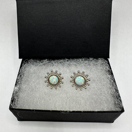 Vintage Silver Earrings | White Fire Opal Stud Button Earrings