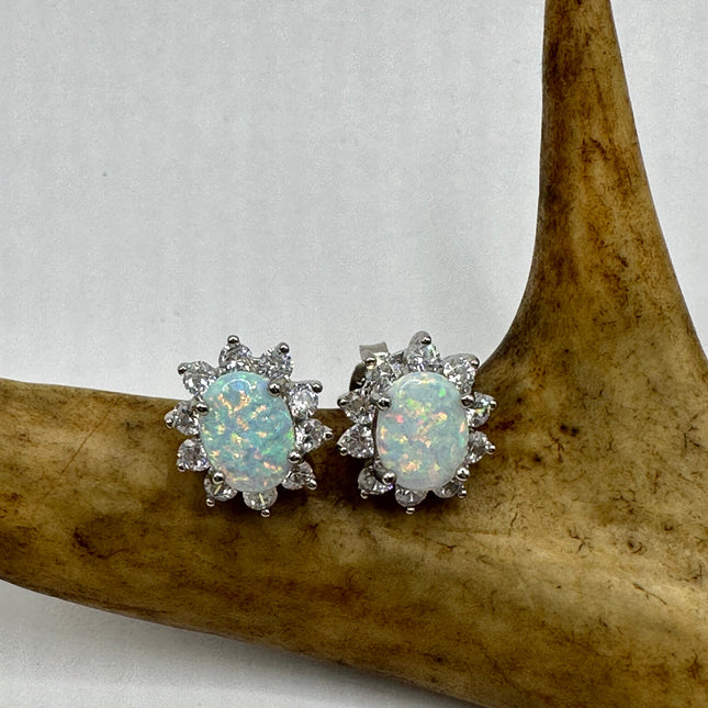 Vintage Silver Earrings | White Fire Opal Stud Button Earrings