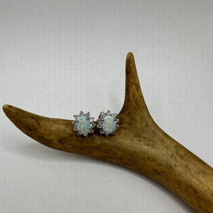 Vintage Silver Earrings | White Fire Opal Stud Button Earrings