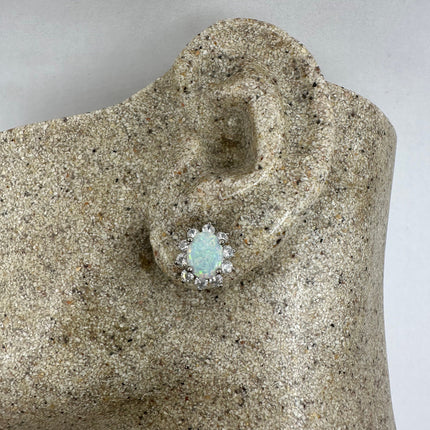 Vintage Silver Earrings | White Fire Opal Stud Button Earrings