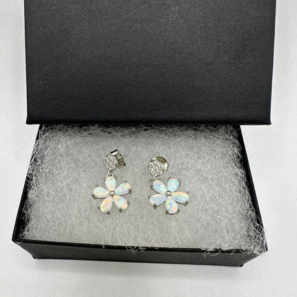 Vintage Silver Stud Earrings | White Fire Opal Sapphire Gemstones Multi Stone Flower Cluster | 925 Sterling Silver Stud Drop Earrings