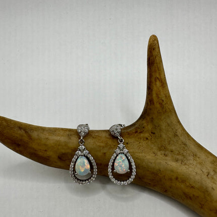 Vintage Silver Earrings | White Fire Opal Stud Button Earrings