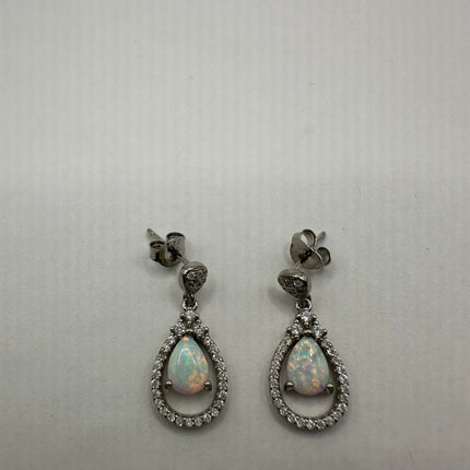 Vintage Silver Earrings | White Fire Opal Stud Button Earrings