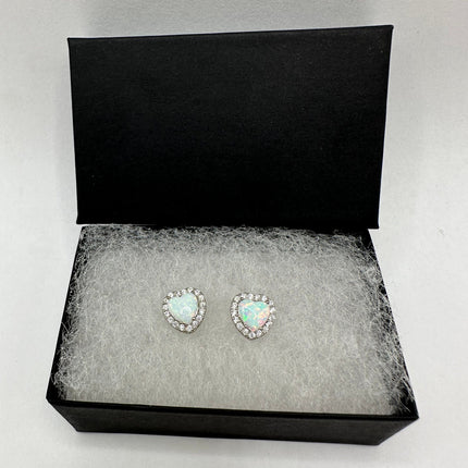 Vintage Silver Earrings | Diamond look White Fire Opal Heart Stud Button Earrings