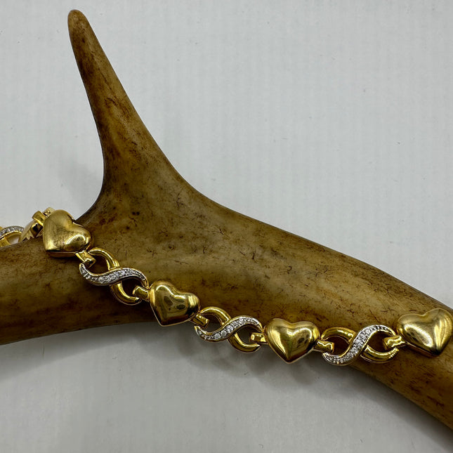 Vintage Gold Tennis Bracelet | Diamond Chip Infinity Heart | Golden 925 Sterling Silver Dainty Wedding Prom Jewelry