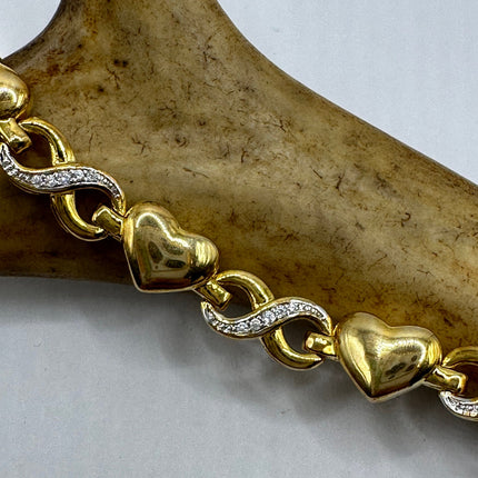 Vintage Gold Tennis Bracelet | Diamond Chip Infinity Heart | Golden 925 Sterling Silver Dainty Wedding Prom Jewelry