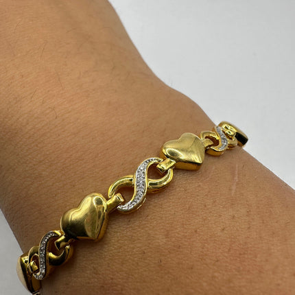 Vintage Gold Tennis Bracelet | Diamond Chip Infinity Heart | Golden 925 Sterling Silver Dainty Wedding Prom Jewelry