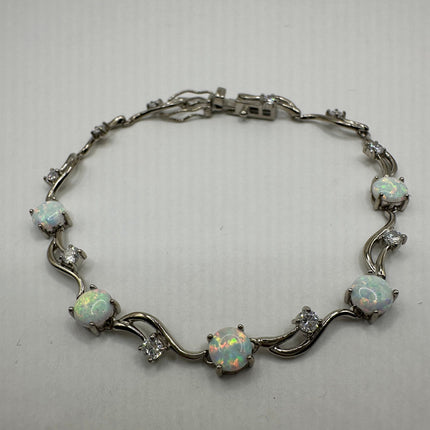Vintage Silver Tennis Bracelet | White Fire Opal Gemstone Cubic Zirconia Crystal Diamond Unique Style | 925 Sterling Silver Tennis Bracelet