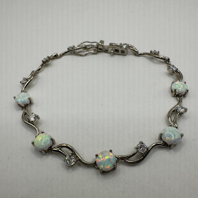 Vintage Silver Tennis Bracelet | White Fire Opal Gemstone Cubic Zirconia Crystal Diamond Unique Style | 925 Sterling Silver Tennis Bracelet