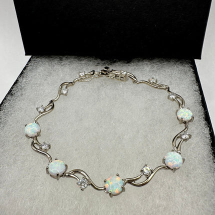 Vintage Silver Tennis Bracelet | White Fire Opal Gemstone Cubic Zirconia Crystal Diamond Unique Style | 925 Sterling Silver Tennis Bracelet