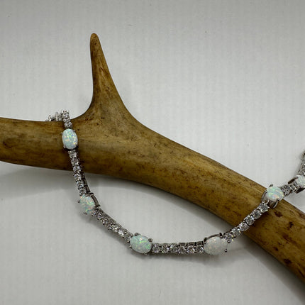 Vintage Silver Tennis Bracelet | White Fire Opal Gemstone Crystal Diamond Set in 925 Sterling Silver | Bracelet for Stacking Everyday Prom