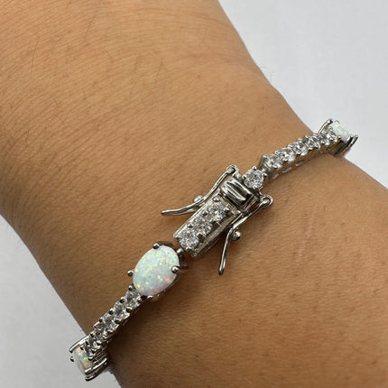 Vintage Silver Tennis Bracelet | White Fire Opal Gemstone Crystal Diamond Set in 925 Sterling Silver | Bracelet for Stacking Everyday Prom