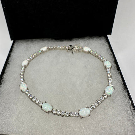 Vintage Silver Tennis Bracelet | White Fire Opal Gemstone Crystal Diamond Set in 925 Sterling Silver | Bracelet for Stacking Everyday Prom
