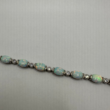 Vintage Silver Tennis Bracelet | White Fire Opal Gemstone Cubic Zirconia Crystal Diamond | 925 Sterling Silver