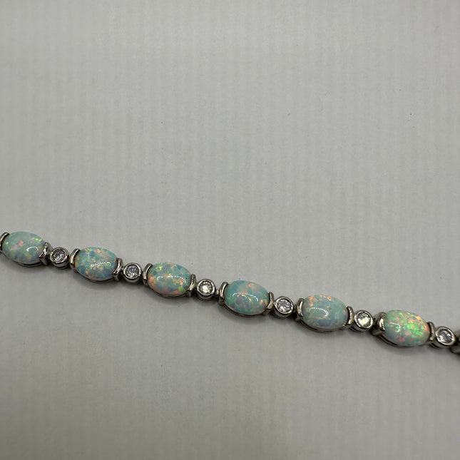 Vintage Silver Tennis Bracelet | White Fire Opal Gemstone Cubic Zirconia Crystal Diamond | 925 Sterling Silver