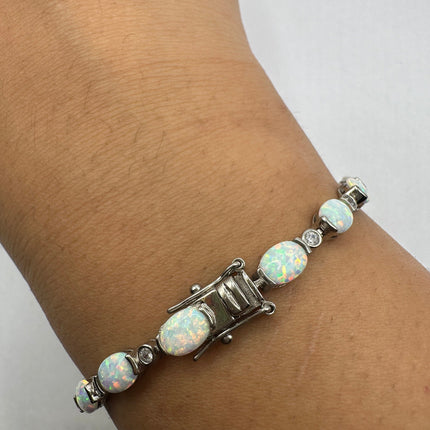 Vintage Silver Tennis Bracelet | White Fire Opal Gemstone Cubic Zirconia Crystal Diamond | 925 Sterling Silver
