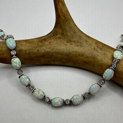 Vintage Silver Tennis Bracelet | White Fire Opal Gemstone Cubic Zirconia Crystal Diamond | 925 Sterling Silver